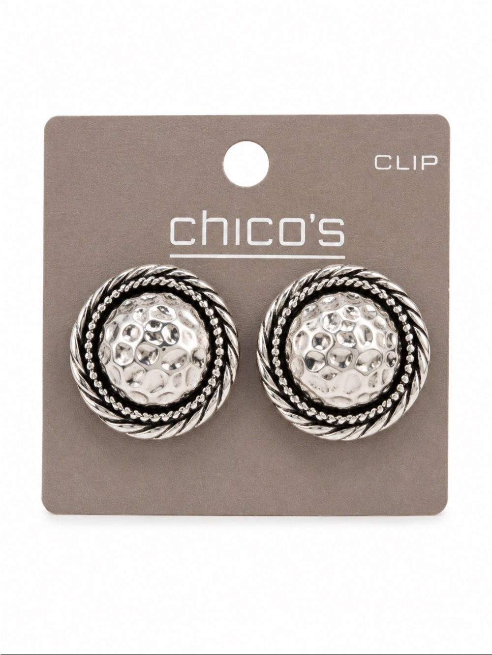 CHICO’s Silver-Tone Hammered Dome Rope Border Clip-On Statement Earrings 💥🆕💥